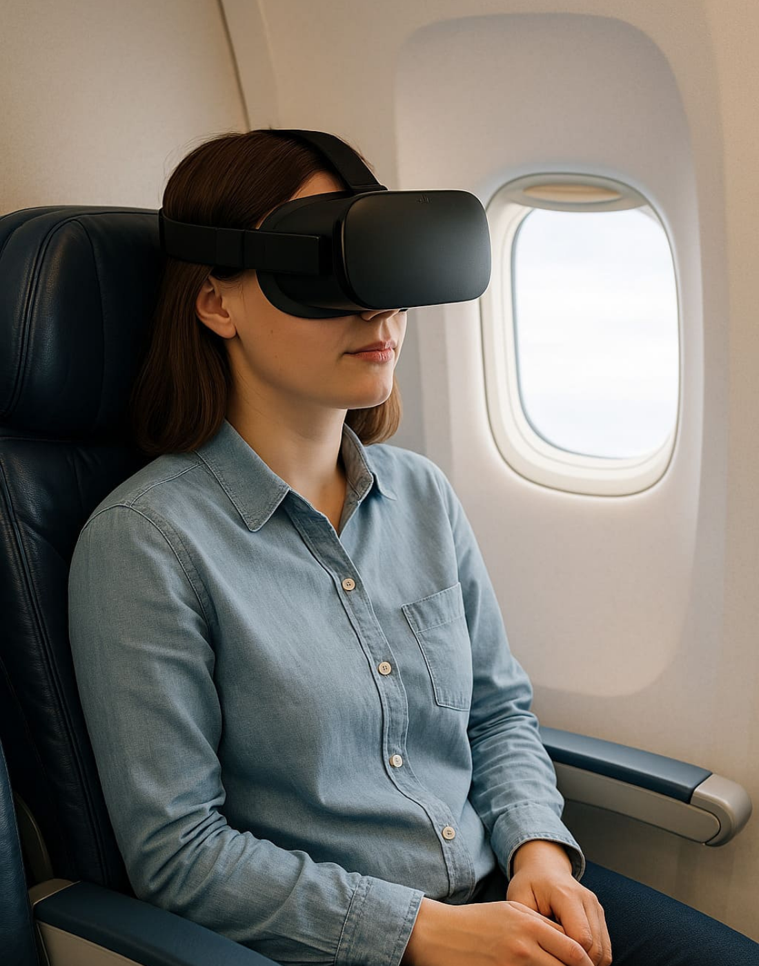 Frau im Flugzeug mit VR Brille